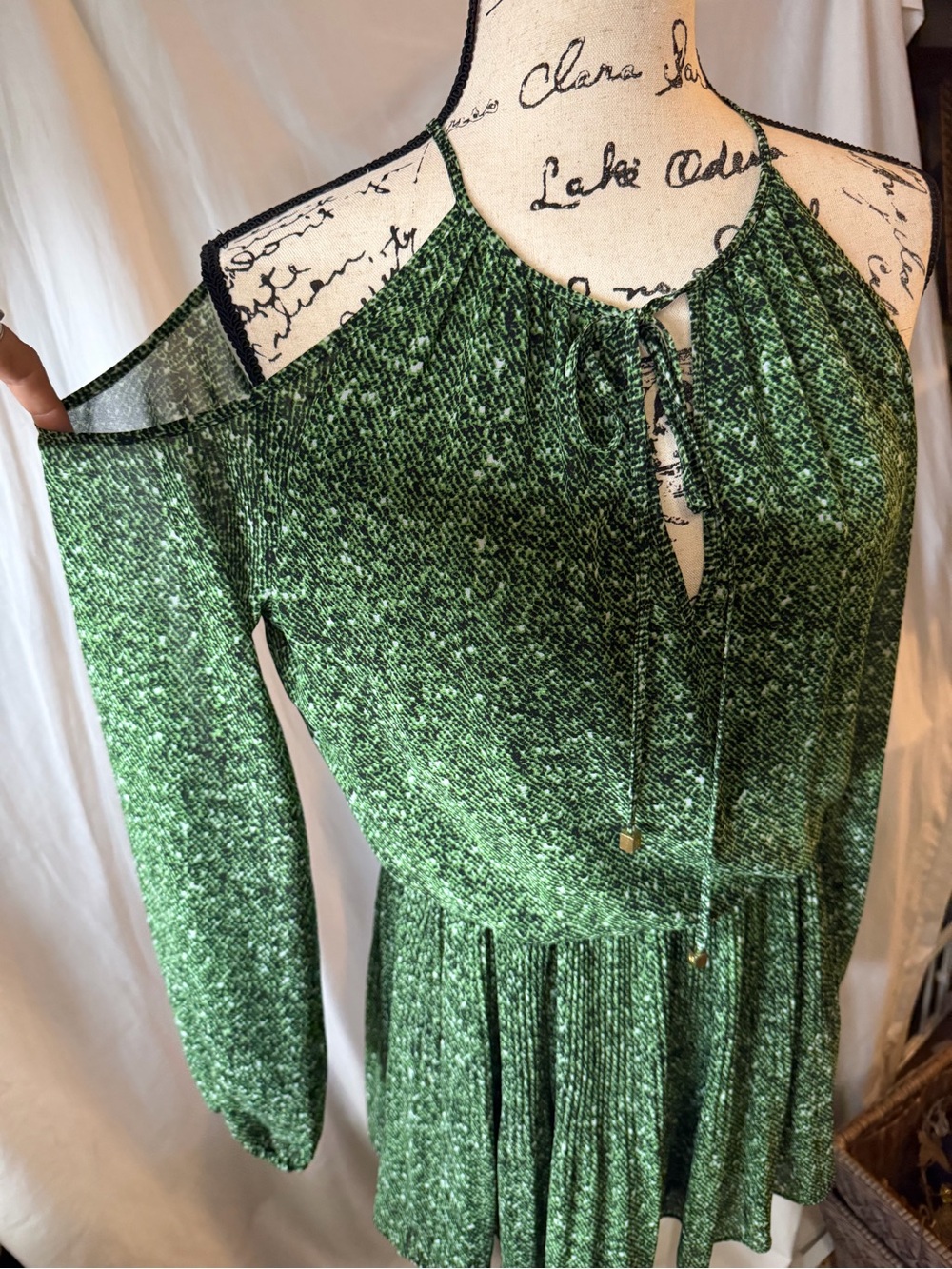Michael Kors Green Long-Sleeve Pleated Halter Dress - Picture 3 of 6